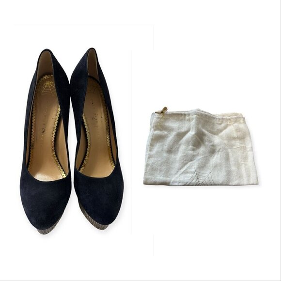 Charlotte Olympia Dolly Platform Pumps with Metal Platform, 41 EU, Navy Suede - Picture 2 of 16